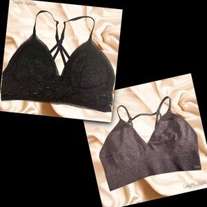 Set of 2 cute bralettes: XOXO in gray and an adorable black lace strappy back